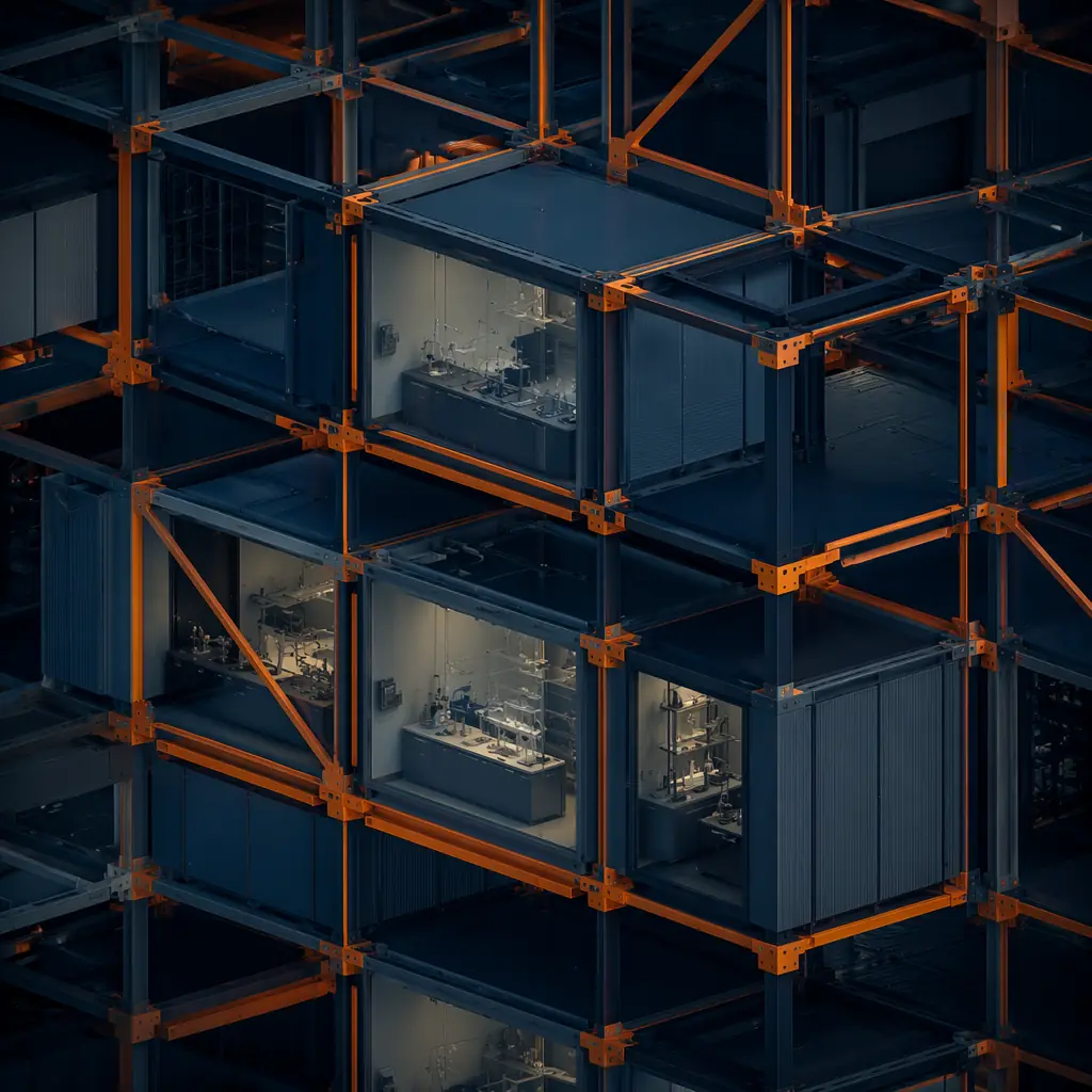 Abstract modular construction pattern with laboratory and research facility theme, clean geometric lines and grid facade reflecting prefabricated modular units, dark navy and steel orange color palette, factory-assembled building modules in life sciences context, brand atmosphere for modular lab construction CTA
