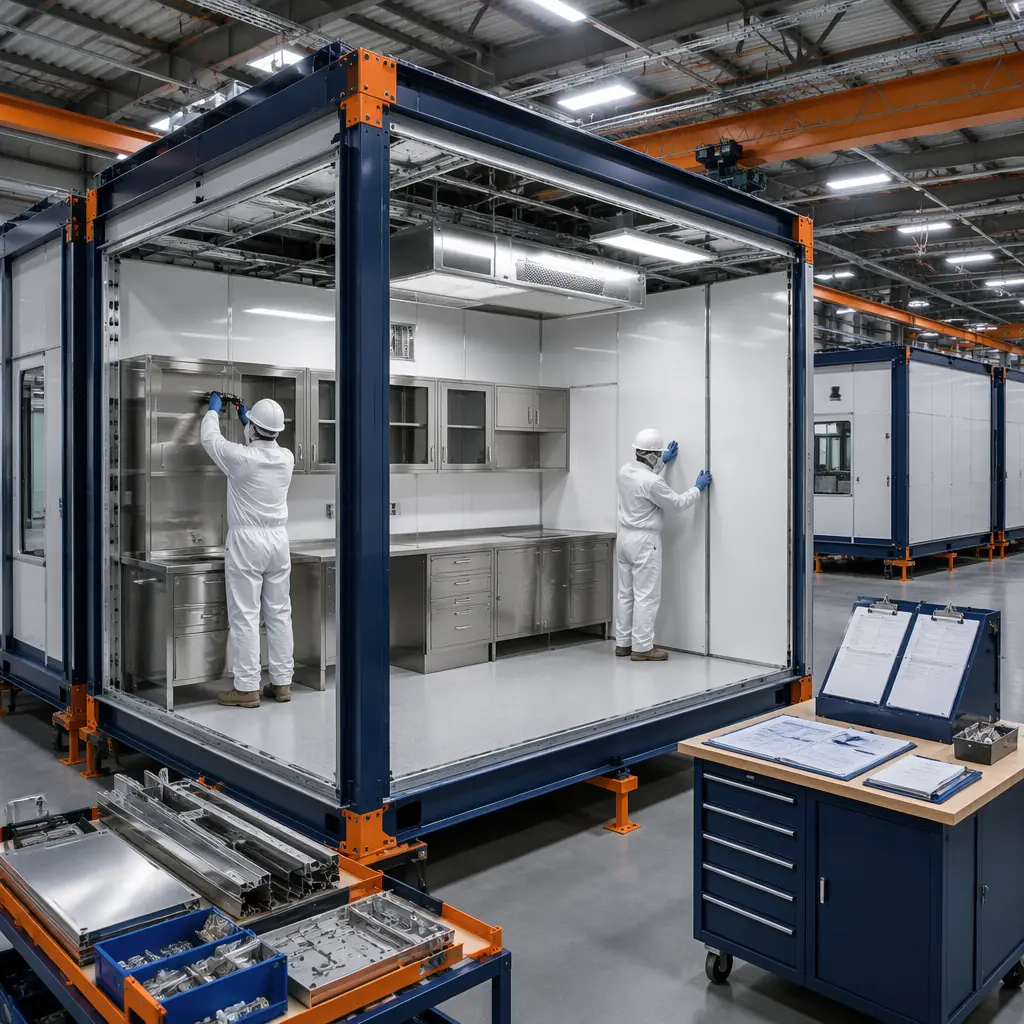 Factory assembly of laboratory-grade modular unit, clean room environment with workers installing stainless steel casework and chemical-resistant surfaces, prefabricated lab module with HEPA filter housing and utility chase visible, steel frame structure, modular prefabricated construction for life sciences, color palette dark navy accents with steel orange details on structural elements