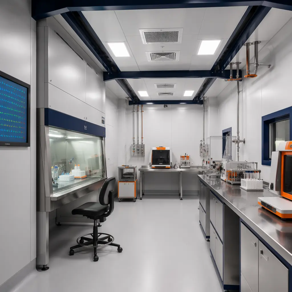 Cleanroom-grade modular laboratory interior, biosafety cabinet and HEPA filter ceiling array in factory-built lab module, stainless steel casework with chemical-resistant epoxy surfaces, directional airflow monitoring display, modular construction for life sciences research facility, sealed penetrations and monolithic flooring with integral cove base