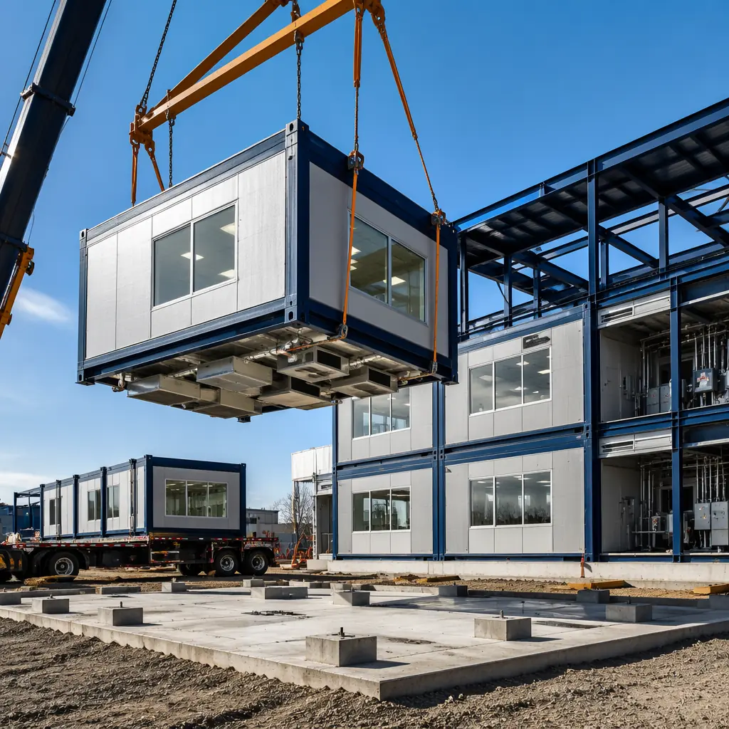 Crane lifting modular laboratory building module onto prepared foundation at life sciences campus construction site, cleanroom-grade prefabricated units being positioned and connected, steel frame modules with pre-installed HEPA housing visible, flatbed trucks with additional lab modules, construction site with multiple modules already stacked, modular prefabricated research facility under construction