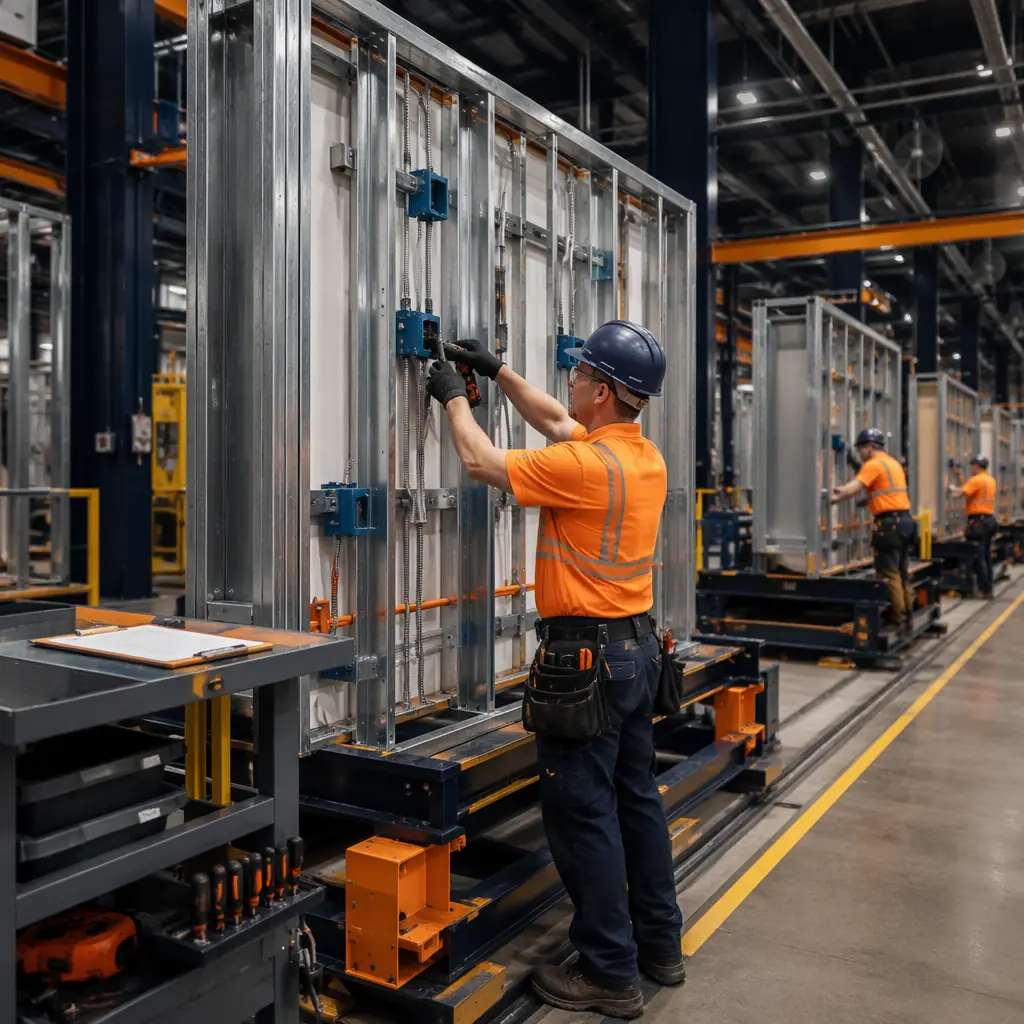 Inside modular construction factory, skilled workers performing electrical rough-in on steel frame wall panel at dedicated workstation, worker using specialized tools for factory-precision installation, quality control checklist visible at station, factory lighting and ventilation creating professional manufacturing environment, adjacent workstations with workers at different production stages, steel frame modules with pre-installed MEP systems visible on assembly line, modern industrial facility with safety equipment and organized tool storage