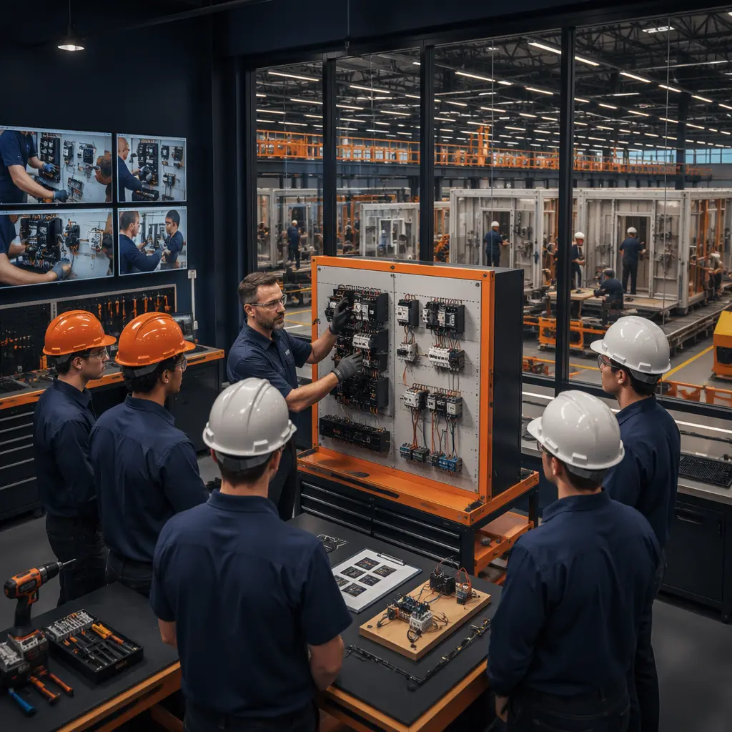 Modular construction factory training center, experienced technician demonstrating electrical panel assembly to group of apprentice workers, training station with sample wall panel and instructional materials, factory floor visible through glass wall showing active production line, diverse group of trainees wearing safety equipment, modern industrial training facility with digital displays showing assembly procedures, dark navy structural elements with warm steel orange accent color on training equipment