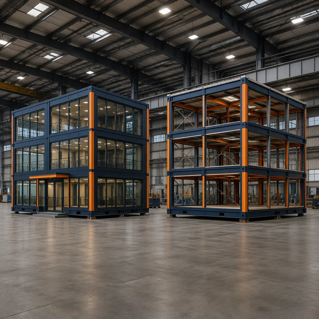 Two modular commercial buildings side by side on factory floor, identical steel frame structures in different finish stages, one fully completed with glass facade and one showing exposed steel framework, factory assembly environment with quality markings, modular prefabricated construction modules