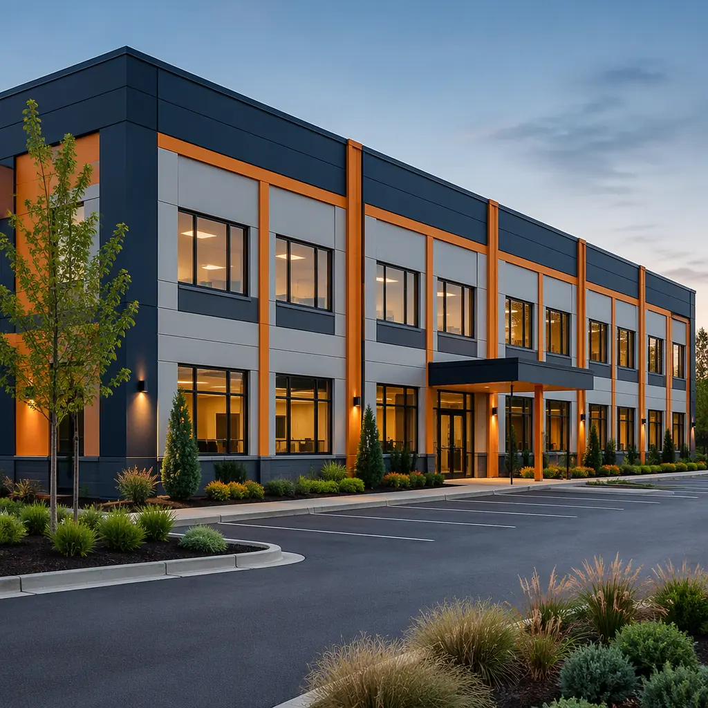 Completed modular commercial building exterior, modern facade with clean architectural lines, grid pattern reflecting modular prefabricated units, professional corporate building with landscaping, dark navy accent elements and warm steel orange detail, occupied and operational modular construction project