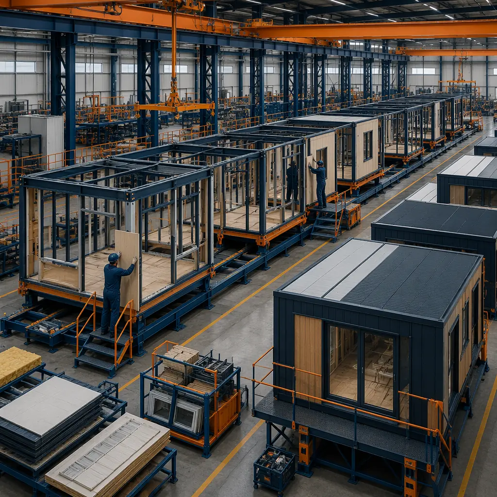 Factory assembly line for modular building modules, steel frame structures progressing through production stations, workers installing wall panels and interior finishes in controlled factory environment, completed modules staged for quality inspection, prefabricated construction facility with organized workflow