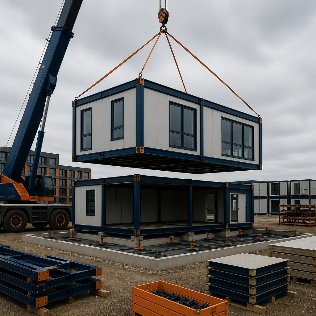 Crane positioning modular building module onto prepared foundation at construction site, prefabricated steel frame unit being lowered into place, commercial modular construction site with organized staging area, module seams and connection points visible, modern construction site with dark navy branding elements