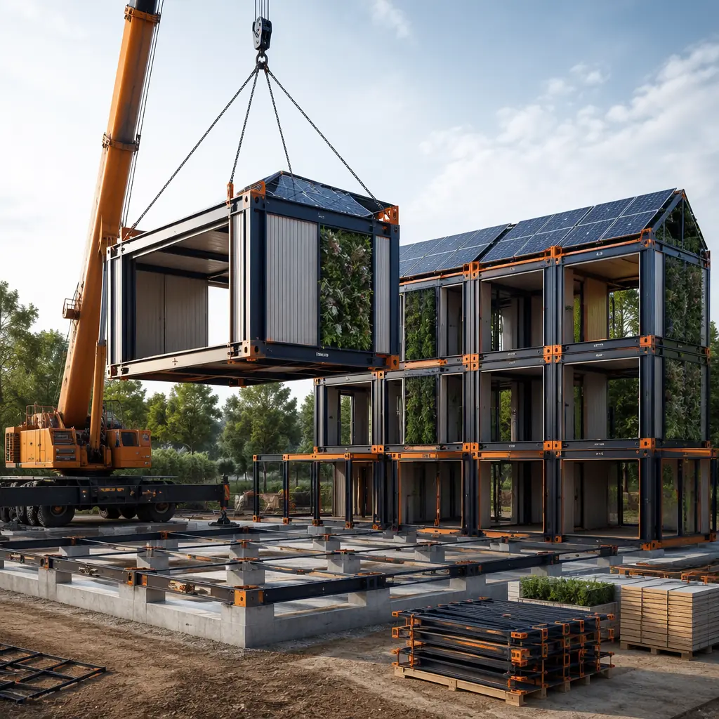 Crane lifting modular prefabricated building unit onto foundation with solar panel integration on roof, construction site with multiple modules already positioned, steel frame modules with visible green building features, factory-assembled modules being connected, grid pattern facade, sustainable construction site, dark navy accents, warm steel orange structural details