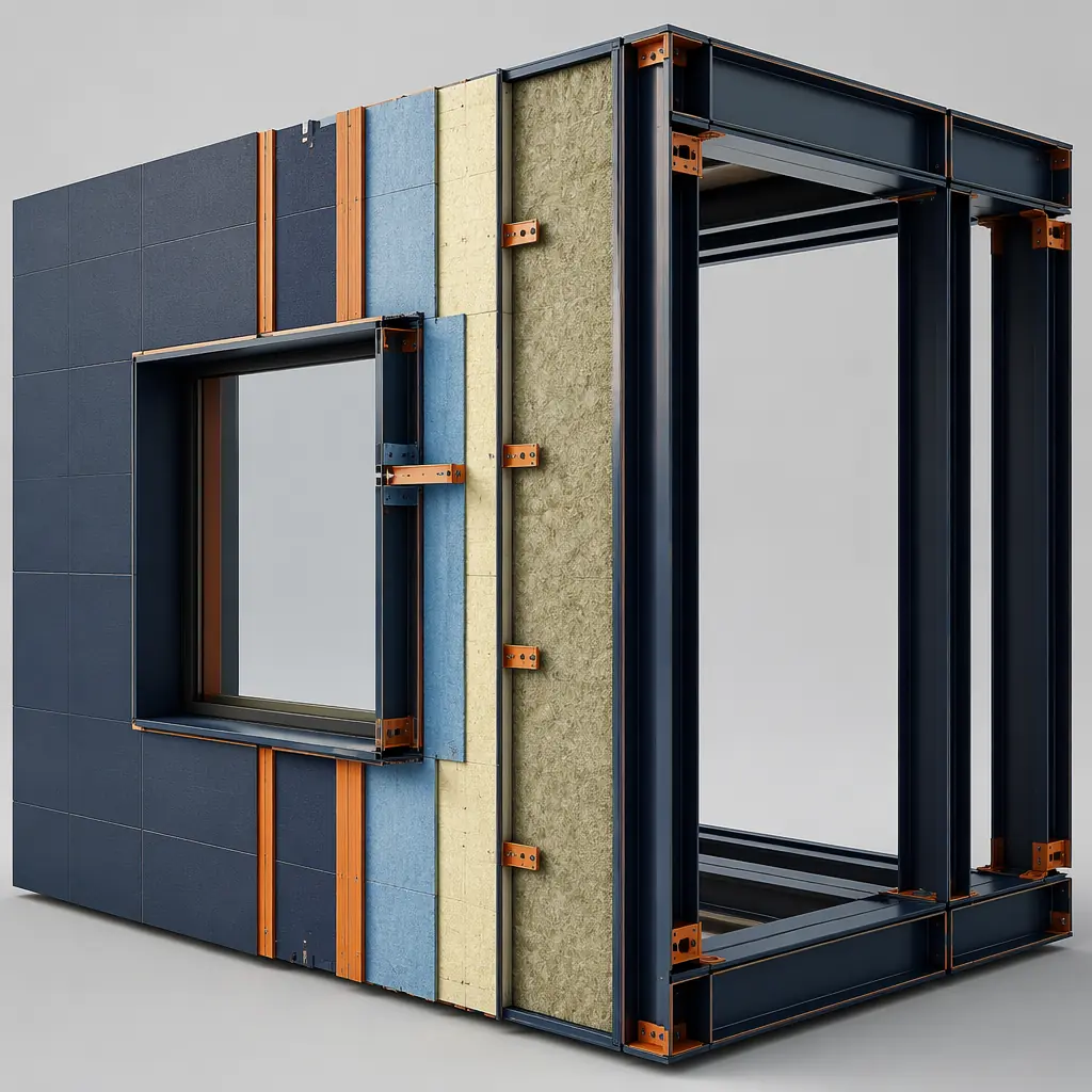 Cross-section view of modular prefabricated building wall, photorealistic 3D render showing high-performance insulation layers, steel frame visible, air barrier membrane, sustainable building envelope, factory-installed weather barrier, modular prefabricated construction, clean modern construction detail