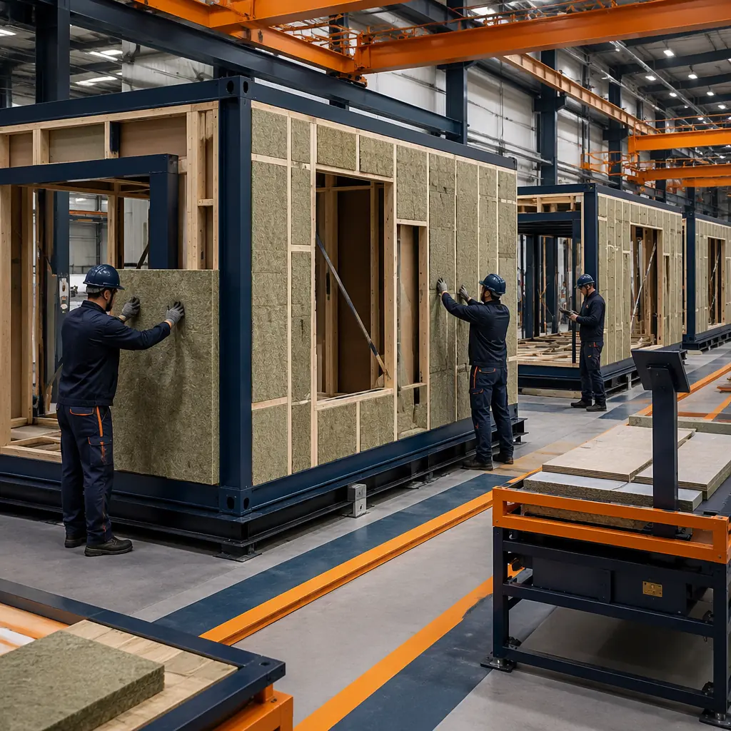 Factory assembly line for modular prefabricated building modules, sustainable materials visible, timber-framed module under construction in clean factory environment, workers installing high-performance insulation panels, wall panels being fabricated, modules on factory floor, modular prefabricated construction, dark navy accents, steel frame structure visible, warm steel orange details