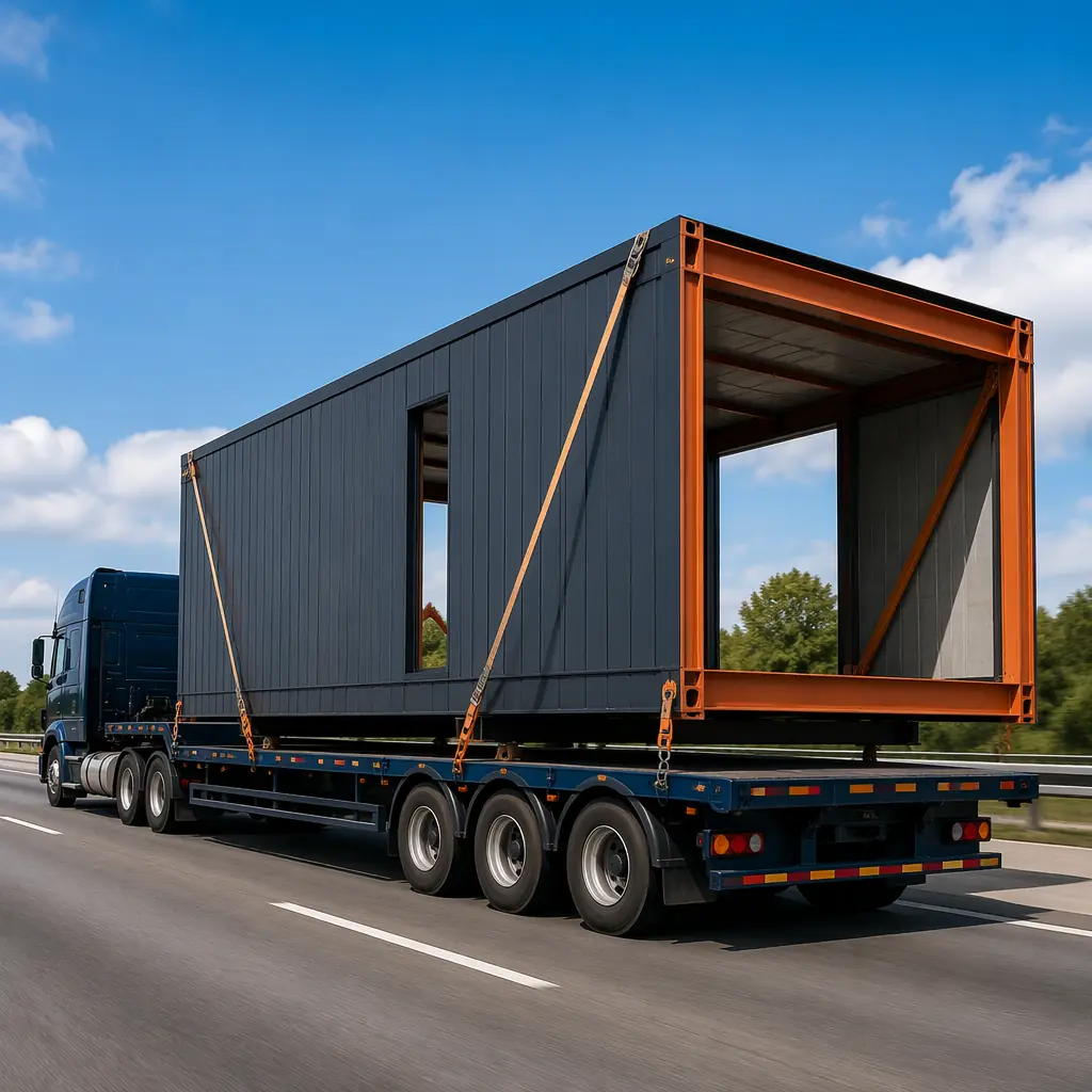 Flatbed truck transporting modular prefabricated building modules on highway, completed factory-assembled modules secured for transport, steel frame modules visible, sustainable construction logistics, crane-ready modules, clean geometric lines, modular prefabricated construction, dark navy accents, warm steel orange details