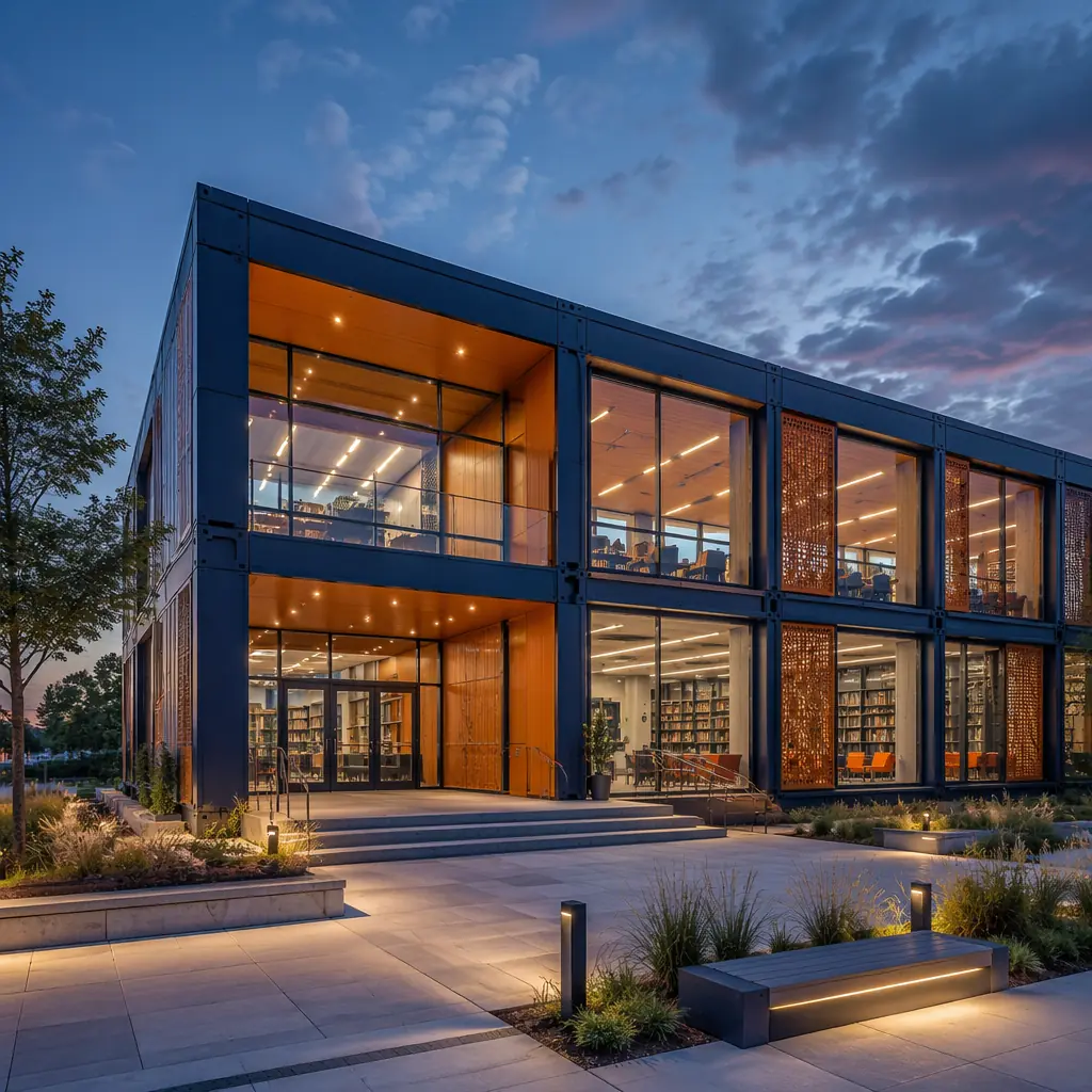 Exterior view of completed modular public library at dusk, two-story contemporary design with large glass curtain walls revealing warmly lit interior spaces, landscaped entry plaza with community gathering steps, integrated solar shading fins in warm steel orange accent color, bike racks and accessible entry ramp, modular construction seam lines subtly visible at 12-foot grid intervals creating intentional architectural rhythm, civic building presence in residential neighborhood context