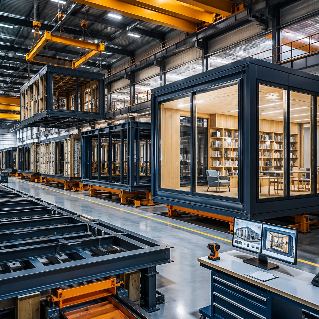 Factory production line for modular library building modules, steel frame structures with large window openings and acoustic wall panel assemblies visible, library shelving and built-in millwork pre-installed in modules, factory workers completing interior finishing with precision tooling, overhead crane moving completed module between assembly stations, quality control inspection documentation station, clean controlled manufacturing environment
