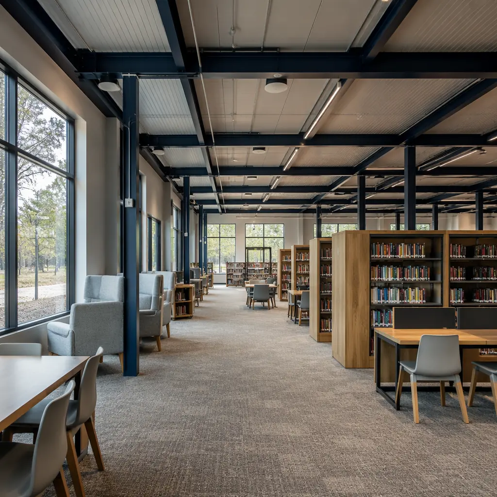Interior of modular library reading room with open-span column-free design, floor-to-ceiling windows flooding space with natural daylight, warm wood acoustic ceiling panels and perforated wall treatments visible, modern library shelving systems with integrated LED lighting, patrons reading at study tables with task lighting, children's area visible through glass partition in background, factory-installed millwork and built-in seating, clean contemporary civic aesthetic