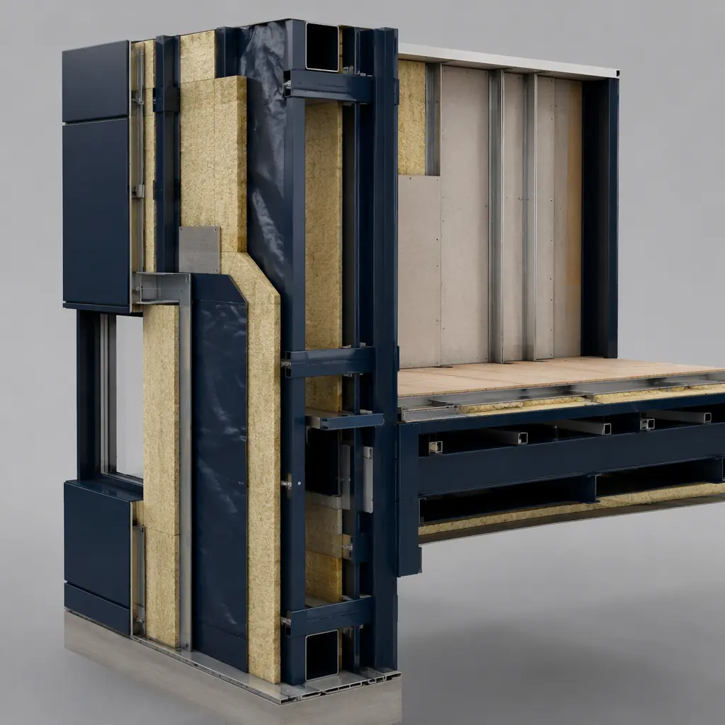 Photorealistic 3D cross-section render of modular building wall assembly with steel frame, continuous insulation layers, and weather-resistant barrier, showing superior thermal envelope construction
