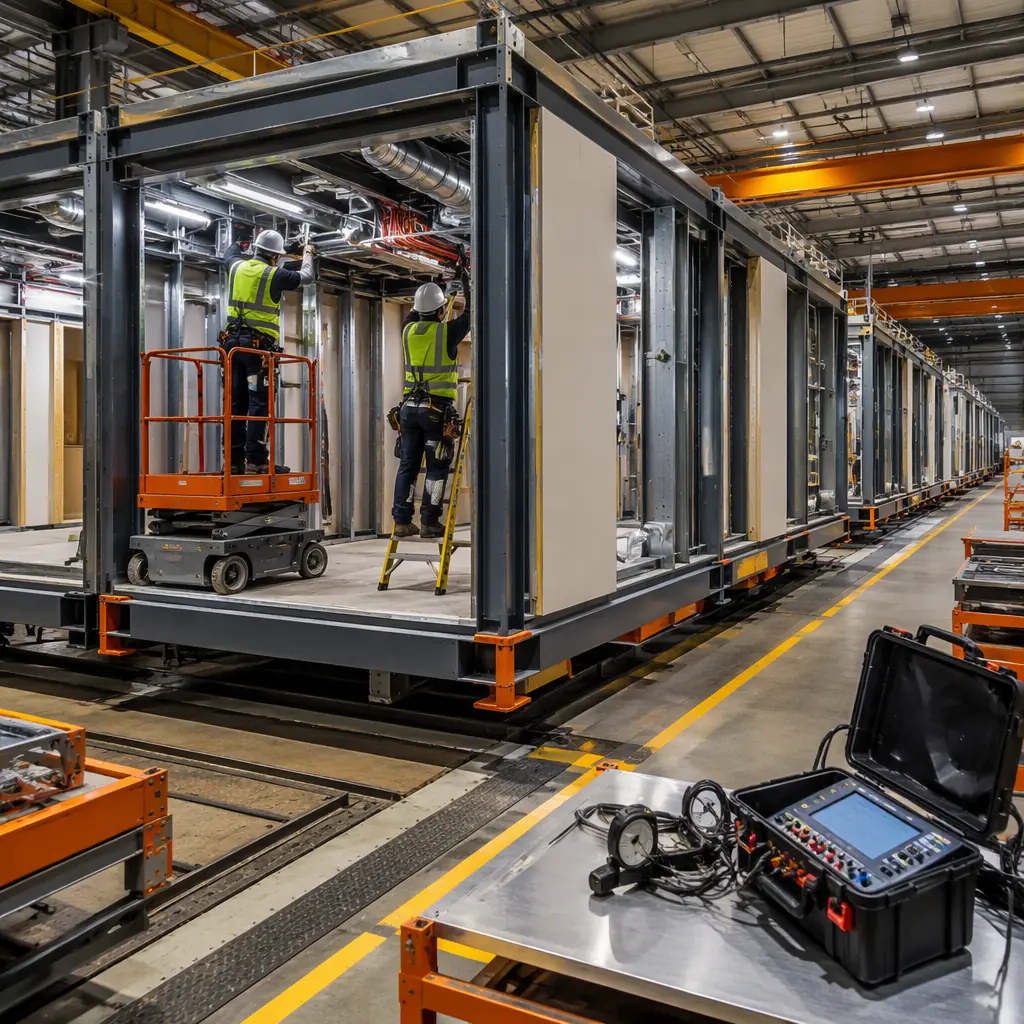 Factory floor of modular construction facility, steel-framed building module approaching completion, workers installing MEP systems under quality-controlled conditions with inspection station visible