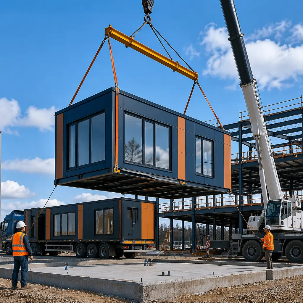 Crane lifting a completed modular building unit with factory-installed windows, cladding, and MEP systems onto prepared foundation, modules arriving on flatbed truck in background