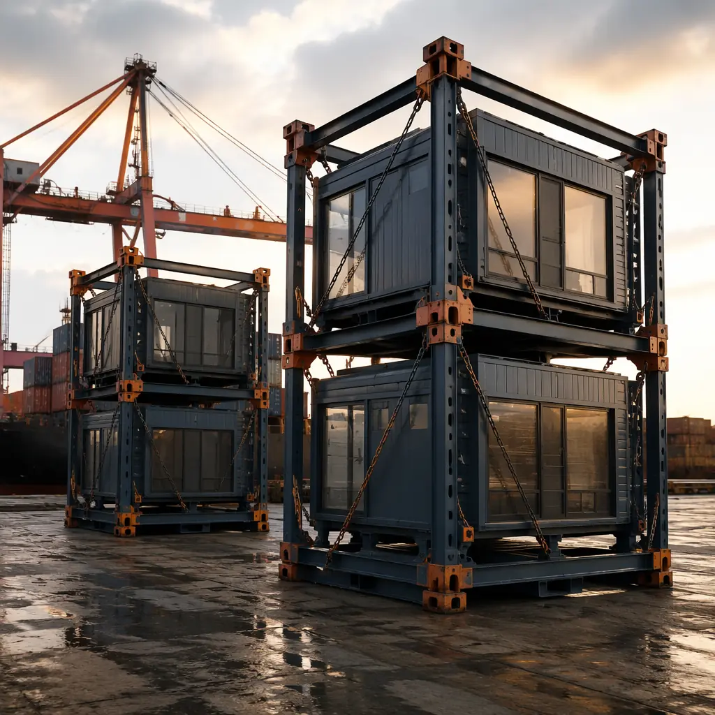 Photorealistic 3D render of modular shipping cradle steel frame system at container port, completed building modules secured with lashing chains to stacking frames, port crane in background loading onto vessel