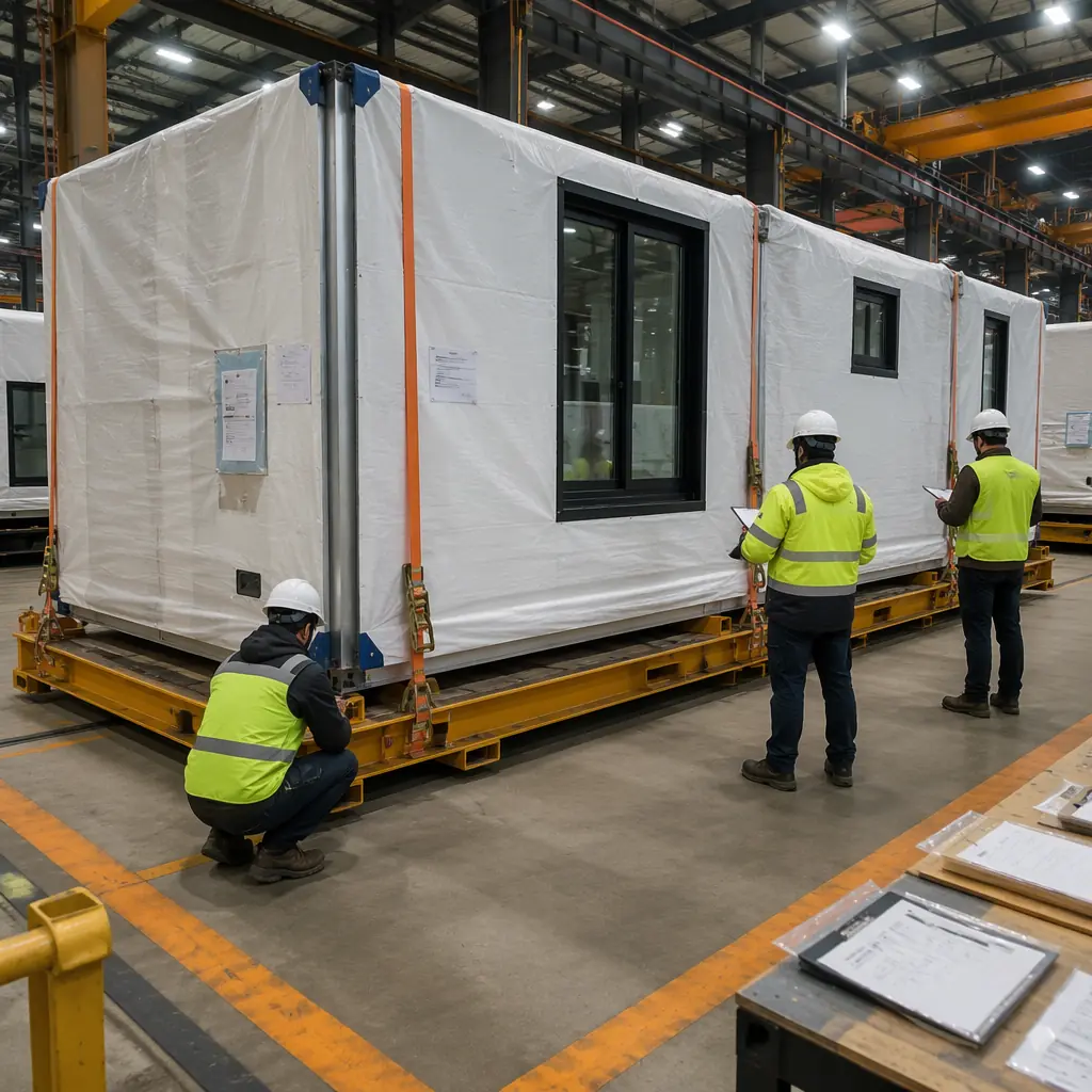 Factory floor of modular construction facility, completed steel-frame building module wrapped in protective shipping membrane, inspection team checking tie-down points on transport cradle, shipping labels and customs documentation visible