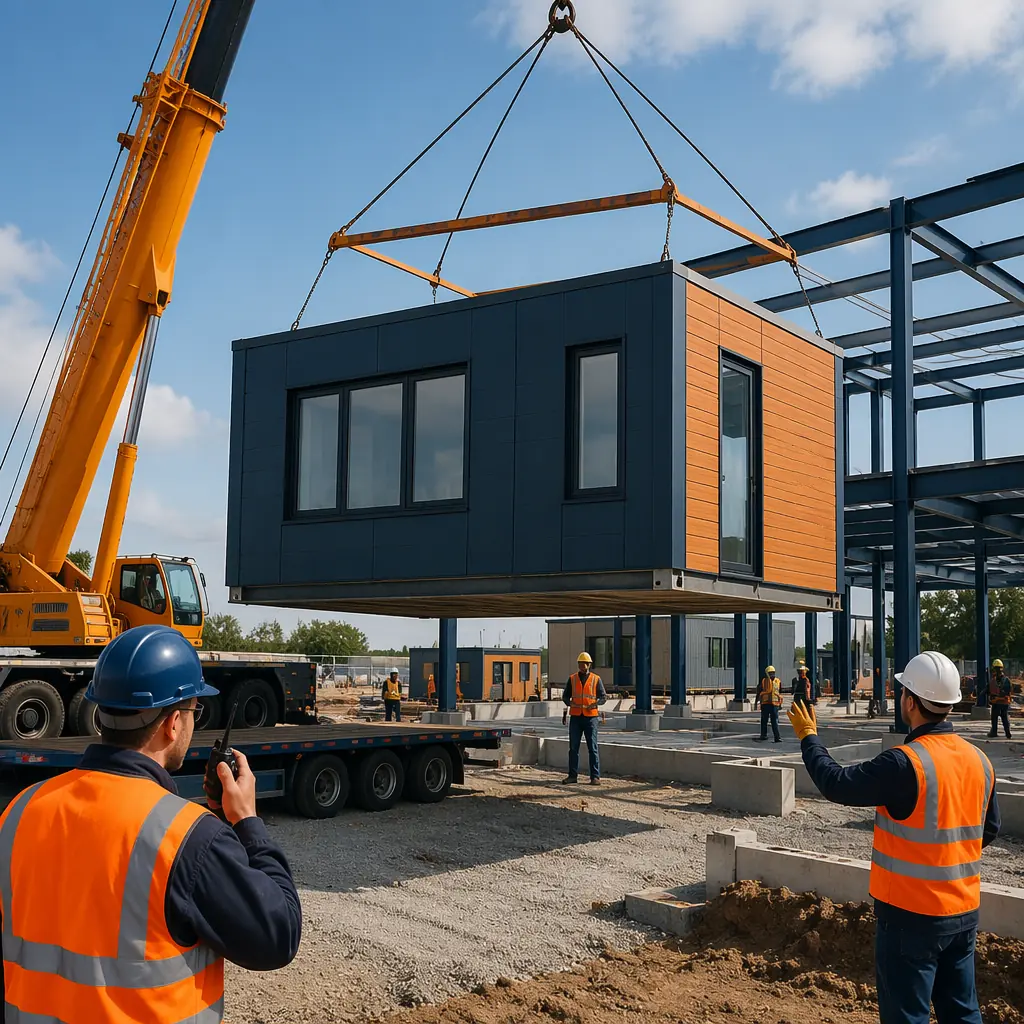 Crane lifting completed modular building unit from flatbed transport trailer at construction site, module with factory-installed windows and cladding being positioned on prepared foundation, site team coordinating with radio