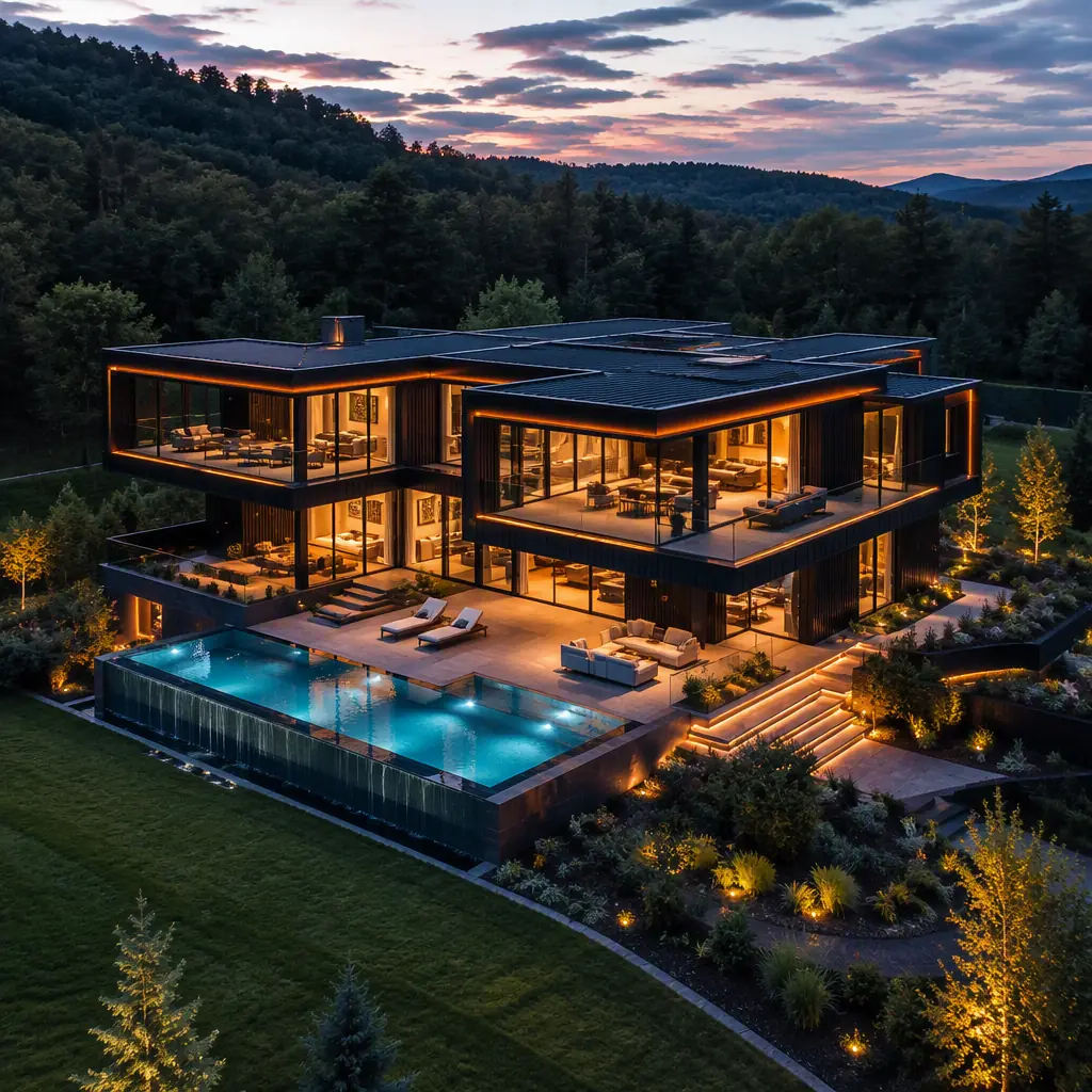 Aerial dusk view of completed luxury modular home with cantilevered second story and infinity pool, geometric roof planes from factory-assembled modules, warm interior lighting through floor-to-ceiling glazing, dark navy cladding with warm steel orange accent lighting, landscaped estate grounds, professional architectural photography