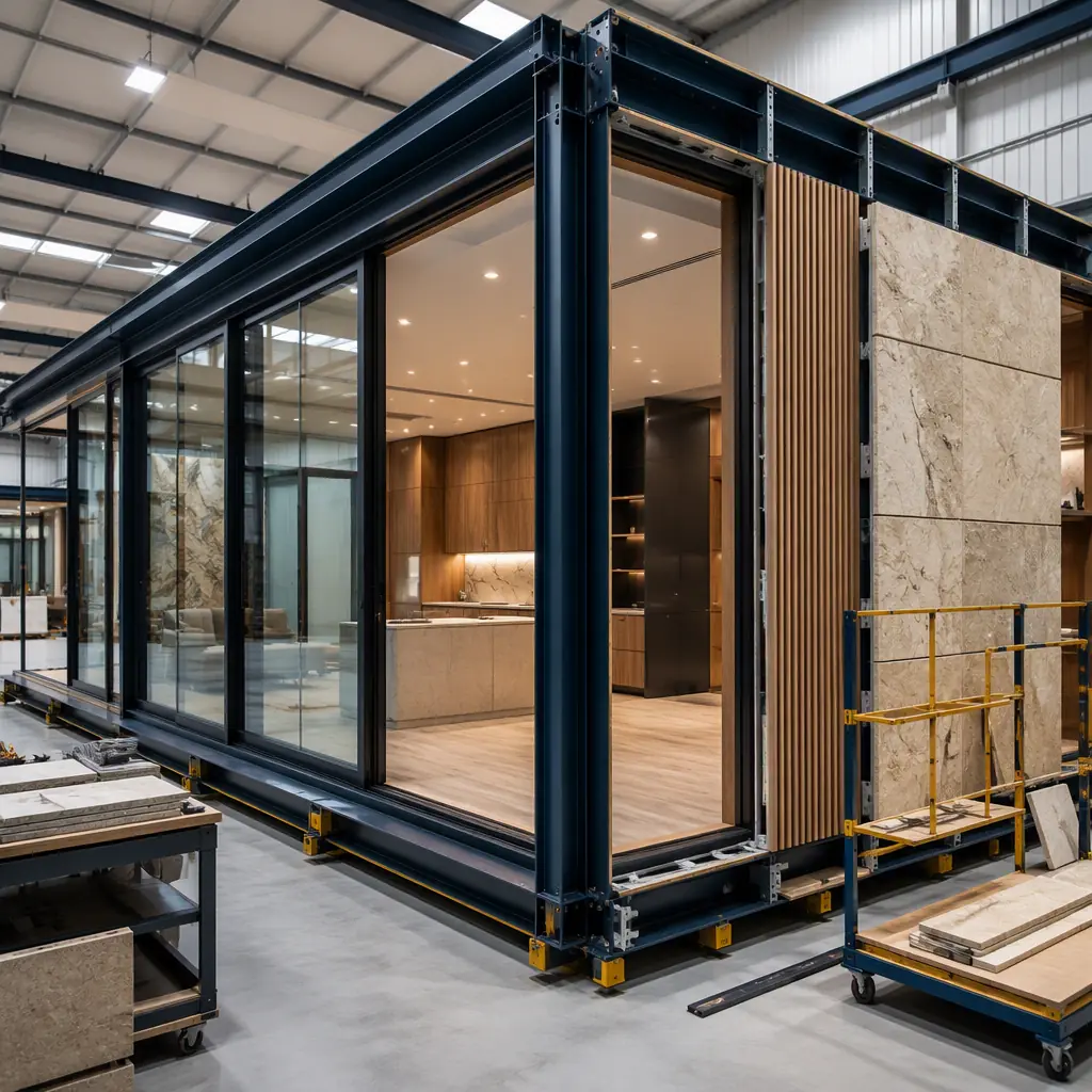 Luxury residential module under construction inside a factory, steel frame module with floor-to-ceiling glazing installed, craftsmen installing premium millwork and stone veneer panels, controlled indoor environment with quality inspection, modular prefabricated construction process, clean bright factory interior