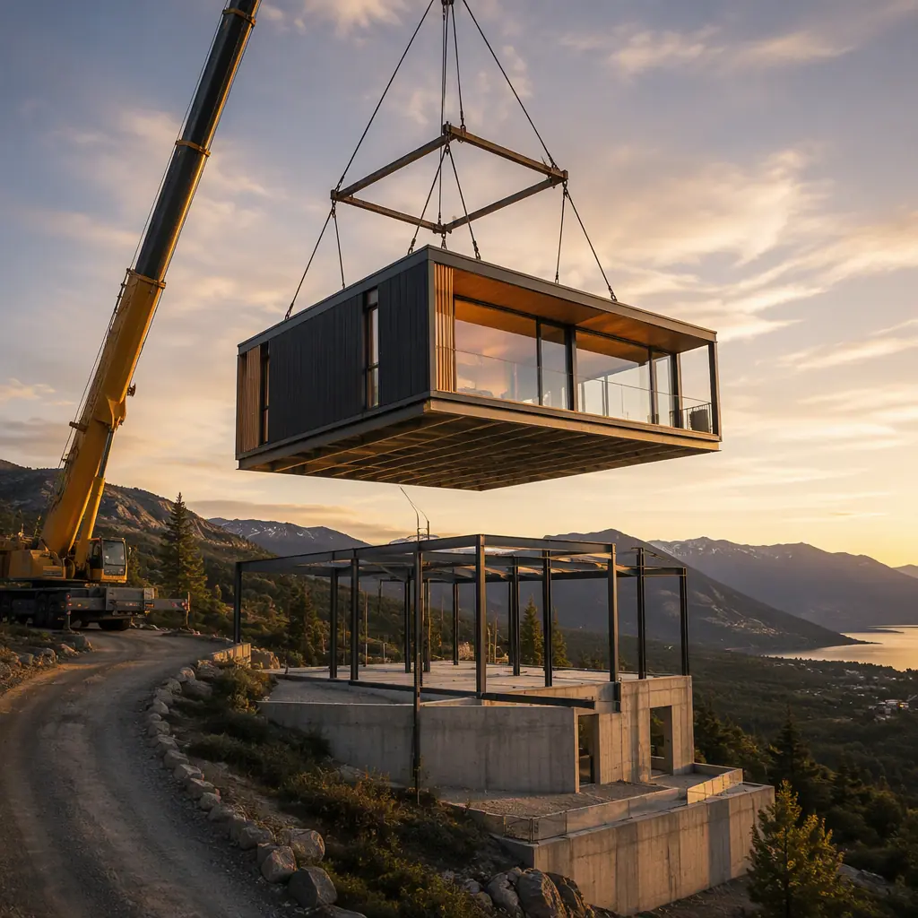 Large crane lifting a finished luxury residential module with floor-to-ceiling glazing onto a hillside estate foundation, prefabricated home module with dark navy cladding and wood accents, scenic mountain site with clear access road, module setting operation at golden hour, premium residential construction