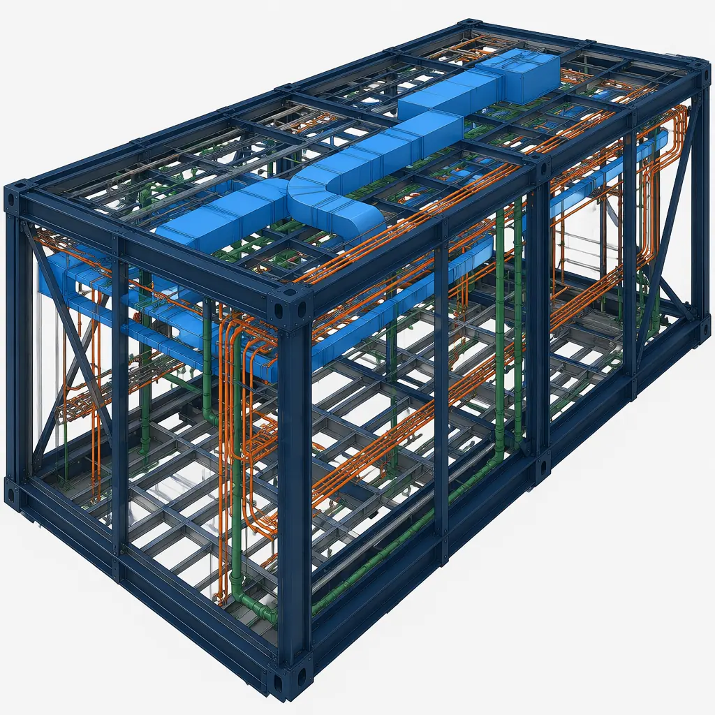 BIM coordination view showing modular prefabricated construction module with MEP systems in context of digital model, HVAC ductwork rendered in blue, plumbing risers in green, electrical conduits and cable trays in orange, all coordinated within steel frame structure with clash-free spatial allocation, dark navy structural elements with warm orange MEP highlights