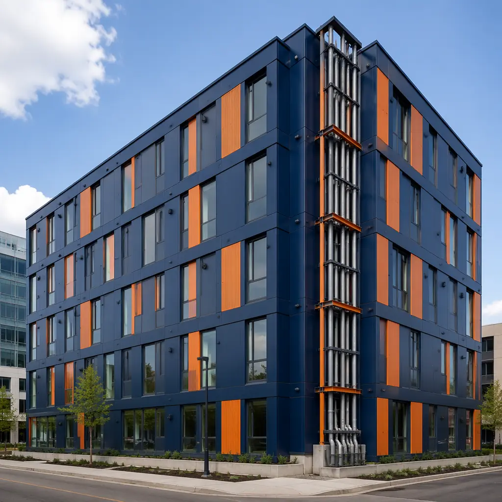 Completed modular prefabricated building exterior showing modern multi-story structure assembled from factory-built modules, building services core visible with organized MEP risers connecting between floors, dark navy architectural facade elements with warm orange accent detailing, professional construction completion quality
