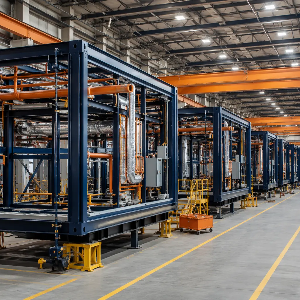 Modular prefabricated construction factory assembly line showing steel frame module at MEP installation station, workers installing pre-coordinated HVAC ductwork sections into ceiling plenum of module, plumbing risers and electrical conduits visible running through framed wall cavities, dark navy structural steel with warm orange MEP component identification tags, controlled factory environment with overhead crane