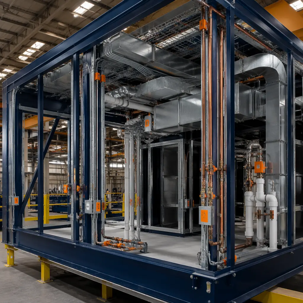 Factory view of modular prefabricated construction module with integrated MEP systems, exposed ceiling plenum showing pre-installed HVAC ductwork, plumbing risers, electrical conduits, and cable trays coordinated within steel frame structure, dark navy structural steel with warm orange MEP component markings, controlled factory floor environment