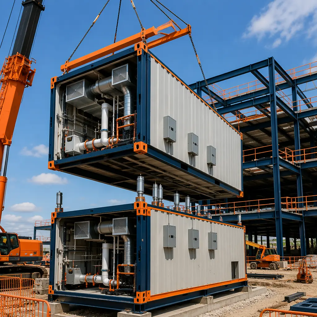 Modular prefabricated construction site showing crane lifting completed module with pre-installed MEP systems visible through open module end, HVAC duct connections and plumbing riser couplings prepared at module joint interface, electrical junction boxes visible on module exterior for busway connection, building structural frame in background with dark navy steel and warm orange safety markings