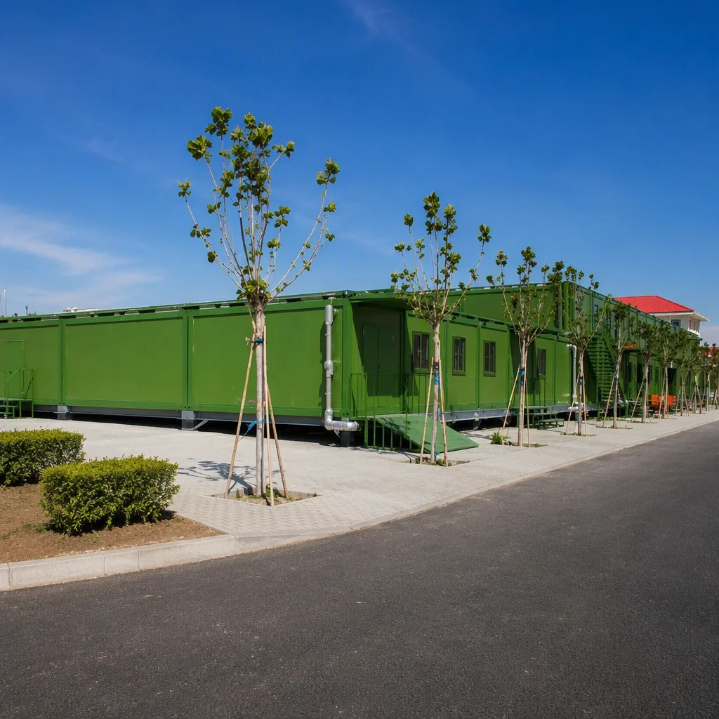 Modular military barracks deployed in arid environment with solar array and satellite communications