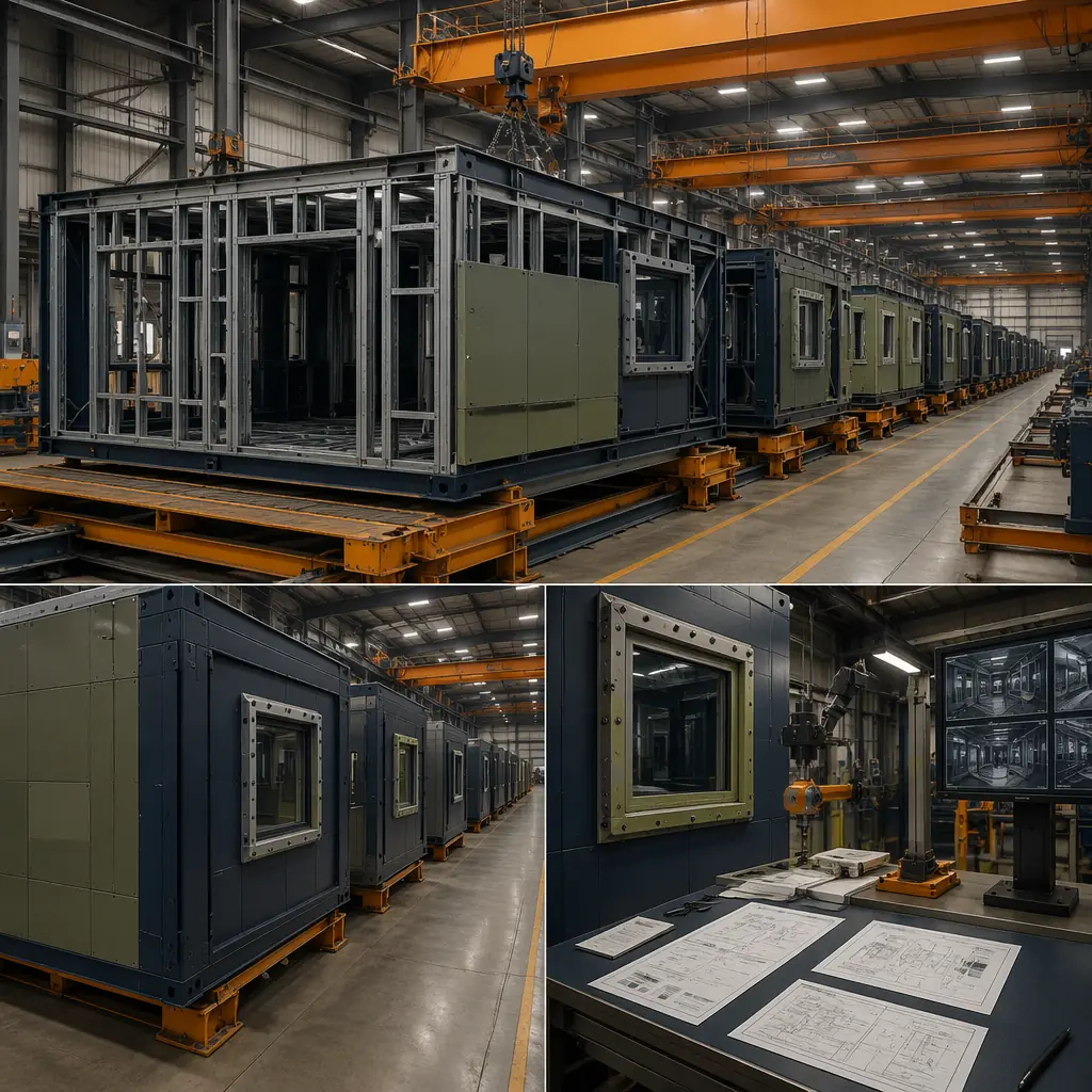 Factory floor of modular construction facility producing military-grade prefabricated modules, steel frame structures with reinforced wall panels being assembled on production line, completed modules with ballistic-resistant window frames visible, factory assembly line with overhead cranes moving modules between stations, workers in safety equipment, quality control inspection station with military specification documentation, clean industrial environment
