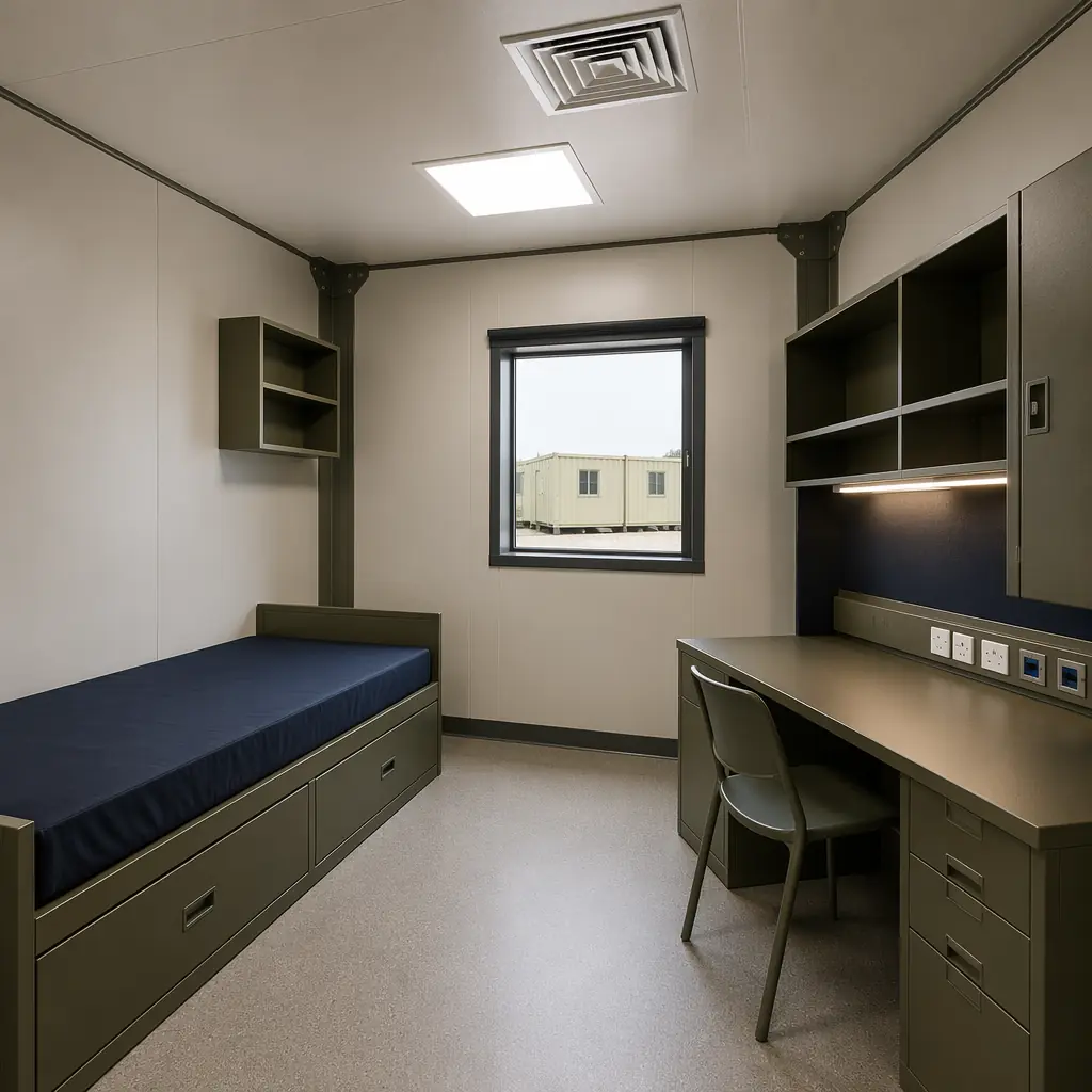 Interior of factory-completed modular military barracks room, steel frame structure visible at corners, finished drywall painted in neutral tones, built-in steel furniture including bed frame and desk unit, window with reinforced glazing, HVAC diffuser in ceiling, electrical outlets and data ports installed at desk level, clean professional military accommodation standard, module connection seam visible at wall junction