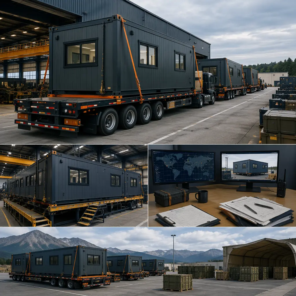 Modular prefabricated military building modules loaded on flatbed military transport trucks at factory shipping yard, completed steel frame modules with exterior cladding and windows visible, modules strapped and tarped for transport, shipping labels and military destination markings visible, factory building in background with assembly line, logistics coordination center with shipping documentation, military base delivery preparation scene