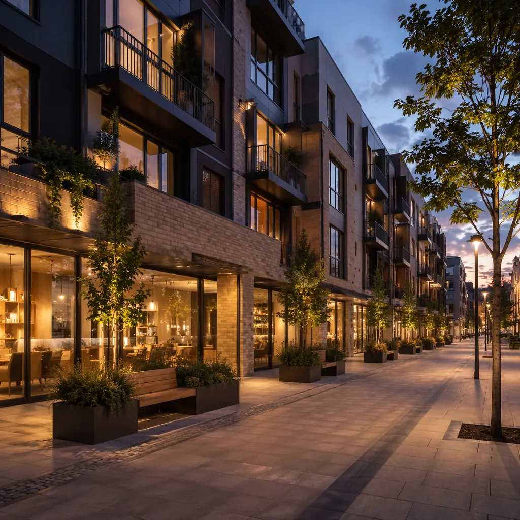 Architectural rendering of a mixed-use modular development with retail, residential, and office components