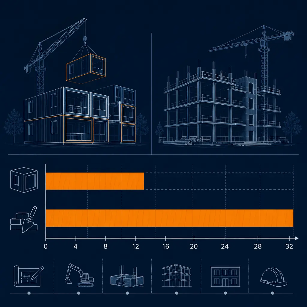Data visualization comparing modular mixed-use timeline, cost, and pre-leasing metrics against conventional construction