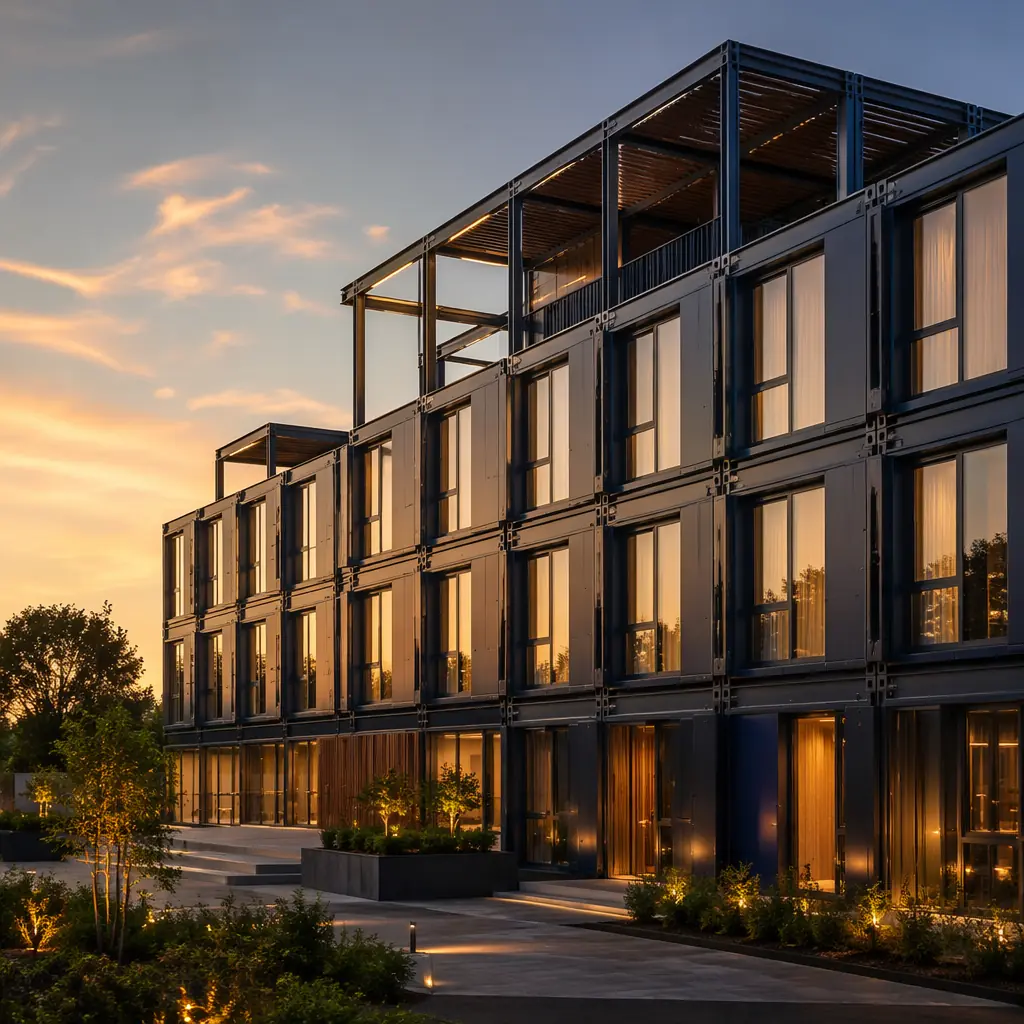 Modern modular prefabricated hotel building exterior, clean geometric lines, grid pattern facade reflecting factory-assembled modules, module seams visible, deep navy and warm steel accents, golden hour lighting, soundproof modules for quiet guest experience