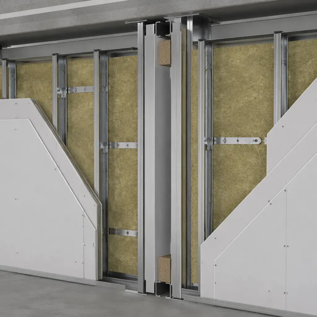 Photorealistic 3D cross-section render of modular wall assembly, staggered steel studs with dual-layer gypsum board, mineral wool insulation filling cavity, resilient metal channels, acoustic sealant at perimeter joints, inter-module air gap visible between two adjacent module walls