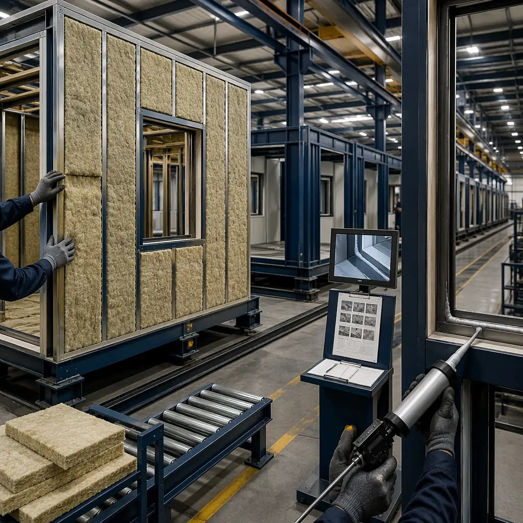 Factory floor of modular prefabricated construction facility, mineral wool acoustic insulation being fitted between steel studs of wall panel, assembly line with steel-framed modules in production, quality control inspection station, acoustic sealant application visible at perimeter joints, dark navy structural steel elements