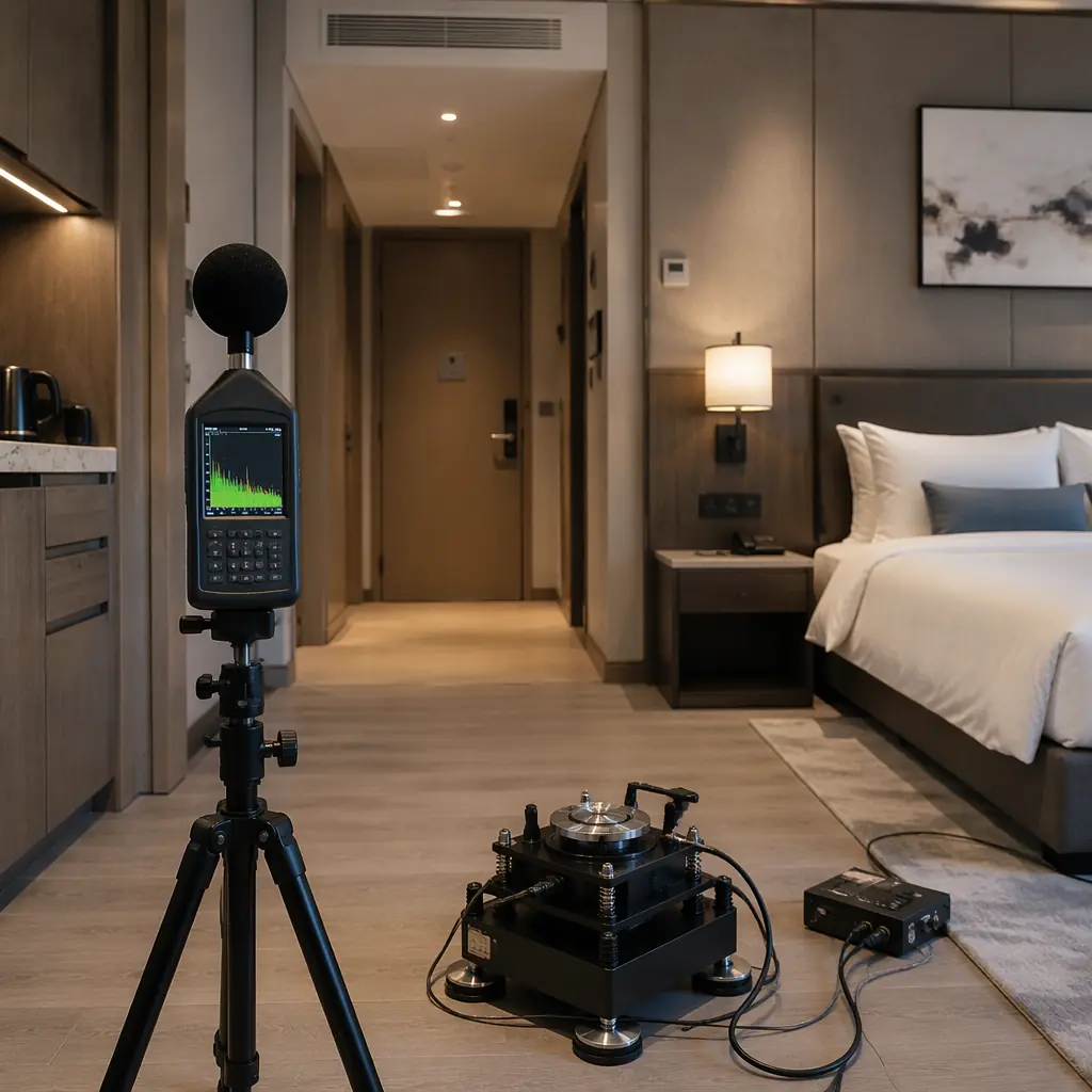 Acoustic field testing in completed modular building, sound level meter and tapping machine on floor of hotel room, technician conducting IIC impact noise test, completed modular hotel interior with clean modern finishes, testing equipment showing frequency analysis, professional acoustic commissioning