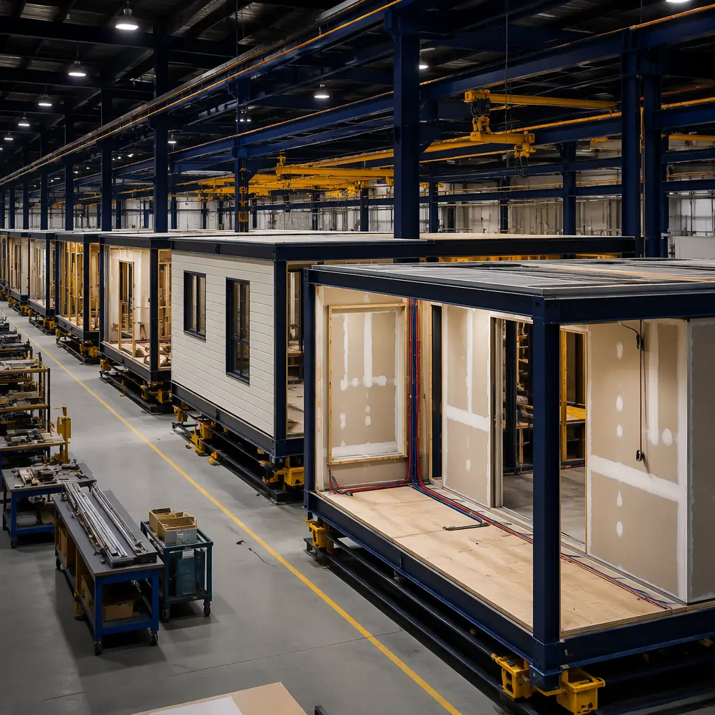 Factory floor of modular prefabricated construction facility producing affordable housing modules, multiple steel-framed residential units in various stages of assembly, workers installing drywall and MEP systems, modules on assembly line, controlled factory environment, dark navy structural elements, industrial lighting