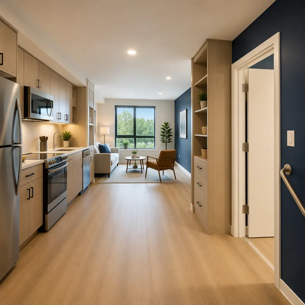 Factory-completed interior of modular affordable housing unit, modern kitchen with energy-efficient appliances factory-installed, open-plan living area with natural light from large window, accessible doorway width visible, clean finishes, built-in storage, quality residential fit-out completed in factory before module delivery