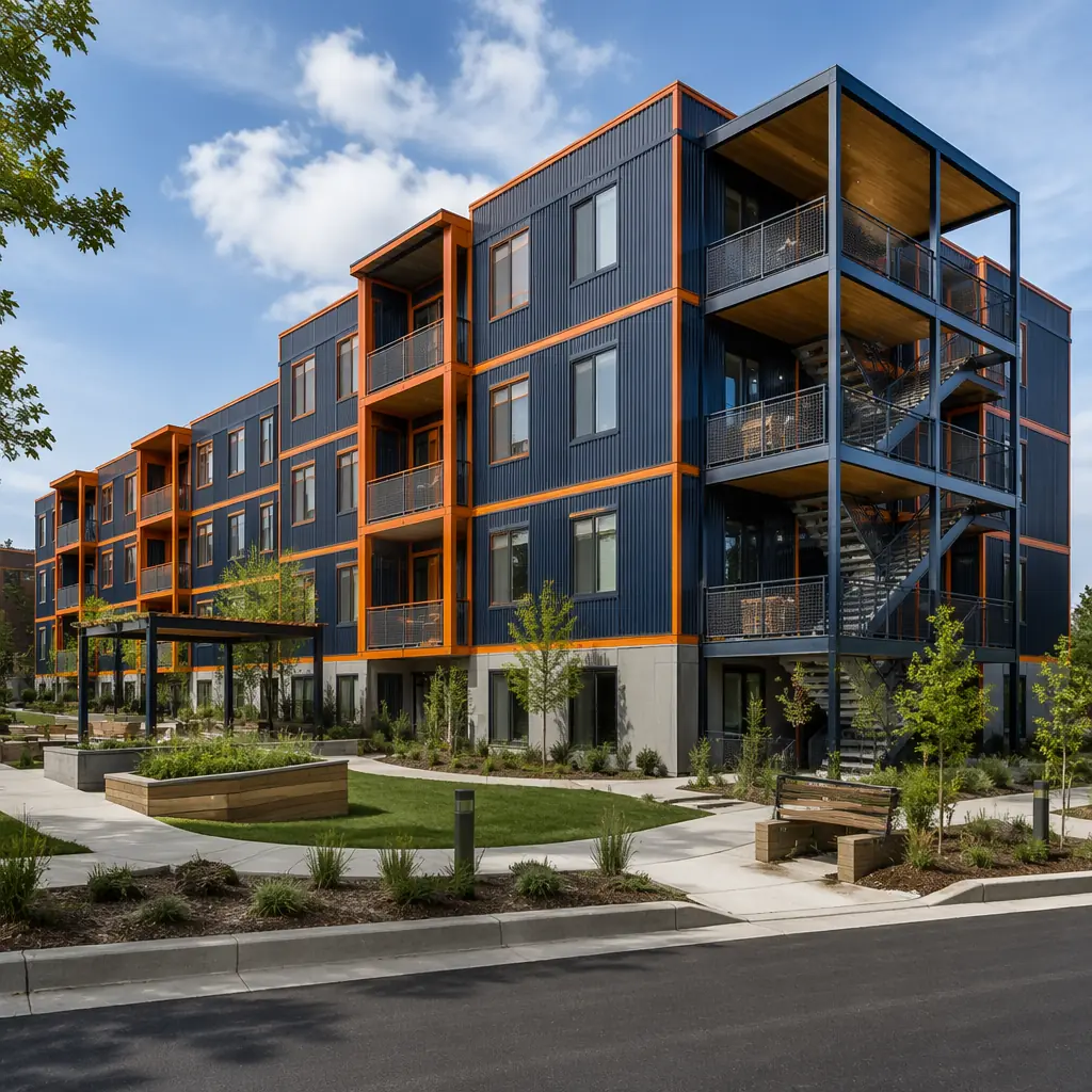 Completed modular affordable housing development, multi-story residential building with clean geometric facade showing module grid pattern, landscaping and community spaces, families entering building, modern architectural design, factory-assembled housing modules, dark navy accents with warm steel orange trim, suburban community setting