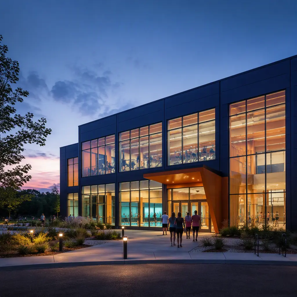 Completed modern modular indoor aquatic and community recreation center exterior, prefabricated steel frame facility with large glass curtain walls showing indoor pool and gymnasium activity, clean geometric facade with visible module grid pattern, community members entering facility, dark navy building exterior with warm steel orange architectural entrance canopy, landscaped municipal park setting, professional architectural photography
