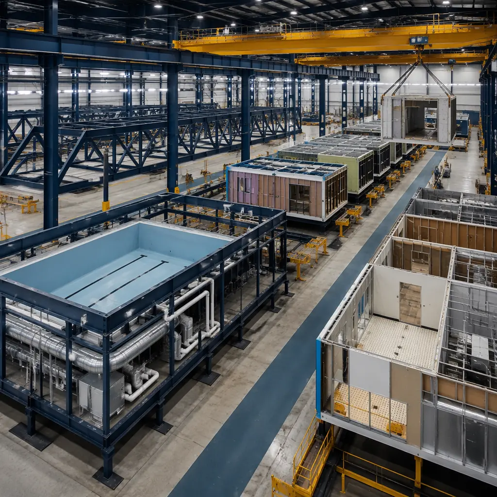 Factory floor of modular construction facility producing natatorium modules, large steel frame structure with pre-installed pool basin and HVAC ductwork visible, recreation center module with gymnasium clear-span steel trusses being assembled, assembly line with community facility modules in various stages of completion, quality control inspection station, clean industrial manufacturing environment with dark navy structural elements