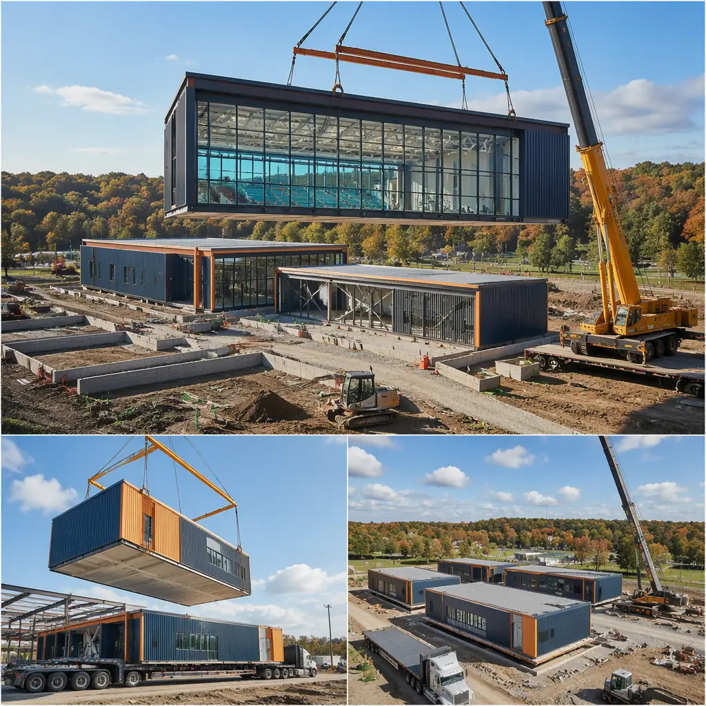 Construction site with large modular prefabricated recreation center modules being craned into position, steel frame natatorium module with integrated pool basin visible, clear-span gymnasium modules being set on foundation, crane lifting oversized module onto prepared concrete pad, flatbed trucks delivering completed community facility modules, municipal park construction setting