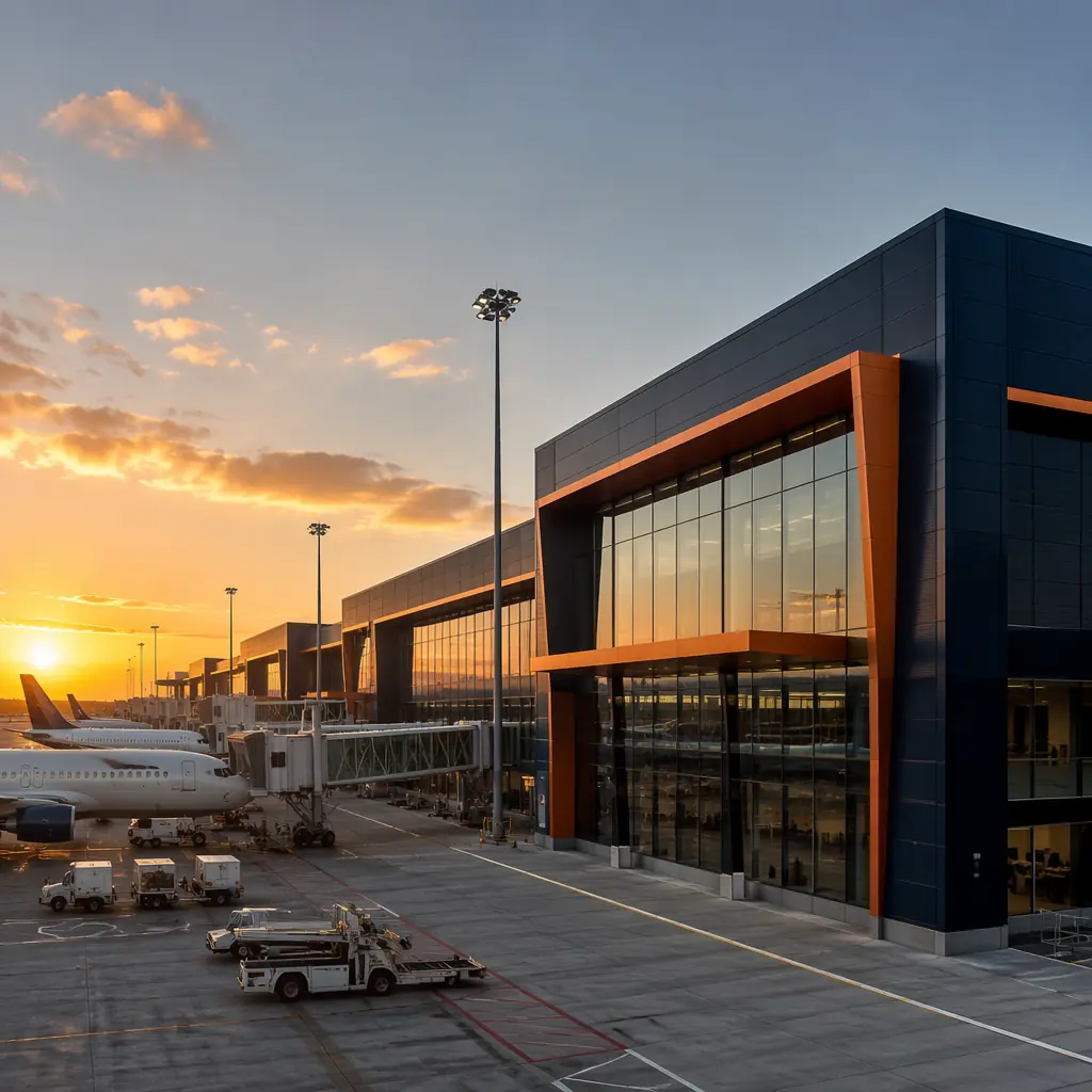 Completed modern modular airport terminal building exterior, steel frame prefabricated construction with glass curtain wall facade, clean geometric architectural design showing module seams reflecting factory-assembled units, passenger boarding bridges connected to terminal gates, aircraft visible on ramp, professional aviation facility photography with dark navy structural elements and warm steel orange brand accent details on terminal entrance