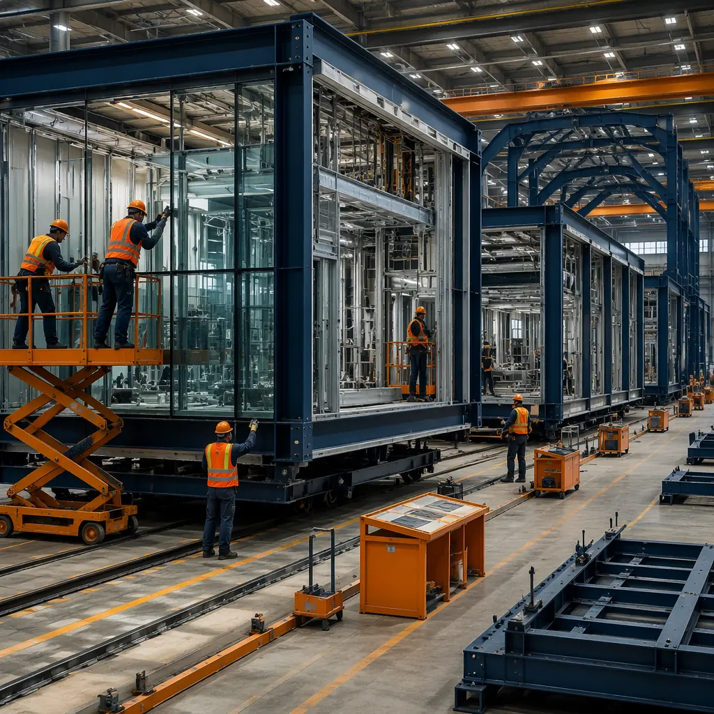Inside modular prefabricated construction factory, steel frame airport terminal modules being assembled on production line, large clear-span structural steel frames for aircraft hangar modules, workers installing glass curtain wall panels and MEP systems, industrial factory floor with quality inspection stations, aviation-grade modular building components under controlled manufacturing conditions, dark navy structural elements with warm accent details