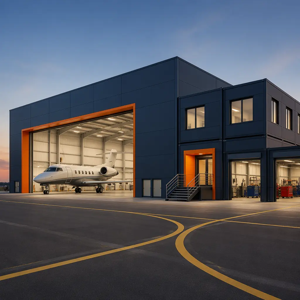 Modern aircraft hangar facility built with modular steel frame construction, large clear-span hangar bay with corporate jet visible through open hangar door, factory-assembled modular office and maintenance workshop units attached to hangar structure, clean geometric steel facade with dark navy and warm steel orange brand color accents, aviation facility on airport ramp with taxiway, modular prefabricated construction hangar complex at regional airport